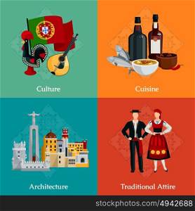 Portugal 2x2 Flat Icons Set. Bright 2x2 flat icons set with traditional portugal attire cuisine culture and architecture on colorful background isolated vector illustration