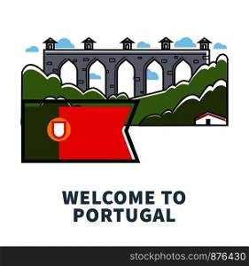 Portugal architecture symbols for travel destination. Vector icon of Portuguese flag and famous building. Portugal travel architectre vector symbols