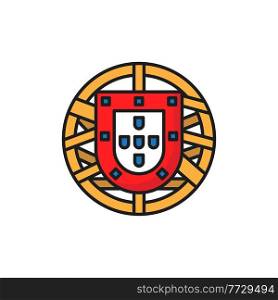 Portugal coat of arm isolated national flag emblem isolated. Vector Portuguese shield, group of five, lesser of Portugal round sign. European country symbol, independence day patriotic holidays label. Portuguese shield isolated coat of arm of Portugal
