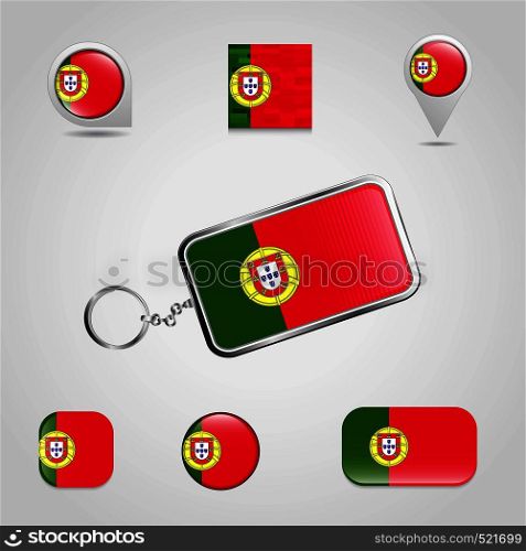 Portugal Country Flag on Keychain and map pin different style. Vector EPS10 Abstract Template background