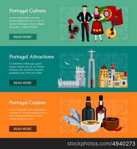 Portugal Flat Banners. Horizontal flat banners presenting elements of portugal culture attractions and cuisine isolated vector illustration