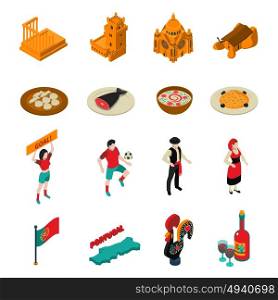 Portugal Icons Set . Touristic Portugal isometric icons set with football food and architecture symbols isolated vector illustration