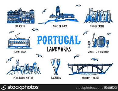 Portugal landmarks set. Handdrawn sketch style vector illustration.. Portugal landmarks set. Handdrawn sketch style vector illustration