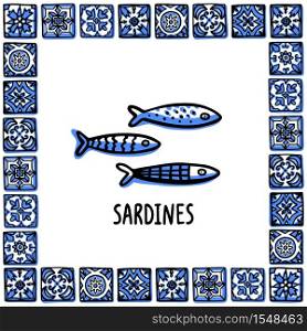 Portugal landmarks set. Traditional portuguese Sardines. Sardines in frame of Portuguese tiles. Sketch style vector illustration, for souvenirs, magnets, post cards.. Portugal landmarks set. Fresh shellfish, traditional delicacy seafood. Shellfish in frame of Portuguese tiles. Sketch style vector illustration, for souvenirs, magnets, post cards