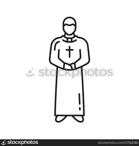 Portugal priest in robe and cross isolated man in long gown thin line icon. Vector religion man with cross, missionary clergyman, pastor in uniform outline sign. Portuguese Roman Catholic priest. Catholic priest isolated prayer in robe thin line