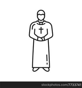 Portugal priest in robe and cross isolated man in long gown thin line icon. Vector religion man with cross, missionary clergyman, pastor in uniform outline sign. Portuguese Roman Catholic priest. Catholic priest isolated prayer in robe thin line