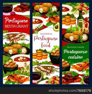 Portugal restaurant dishes cod soup, fish croquettes, cod pasteigi, sardines and pasteh cakes. Piri riri chicken, jinia cherry liquor or stewed chicken in wine with beef stew portuguese national meals. Portugal restaurant dishes portuguese food banners