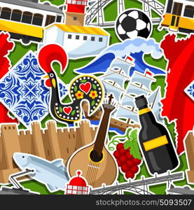 Portugal seamless pattern with stickers. Portuguese national traditional symbols and objects. Portugal seamless pattern with stickers. Portuguese national traditional symbols and objects.