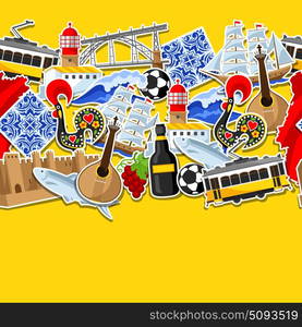 Portugal seamless pattern with stickers. Portuguese national traditional symbols and objects. Portugal seamless pattern with stickers. Portuguese national traditional symbols and objects.