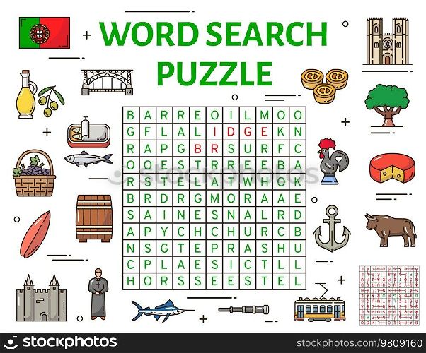 Portugal symbols word search puzzle game worksheet, vector riddle. Search word puzzle to search and find words in grid, Portuguese landmarks, flag with rooster and tram, cheese and sardines. Portugal symbols word search puzzle game worksheet