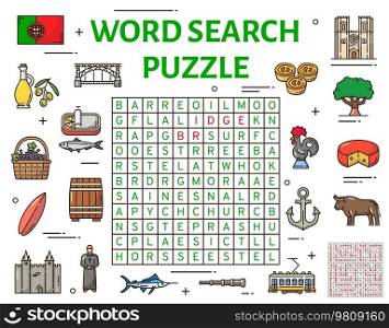 Portugal symbols word search puzzle game worksheet, vector riddle. Search word puzzle to search and find words in grid, Portuguese landmarks, flag with rooster and tram, cheese and sardines. Portugal symbols word search puzzle game worksheet