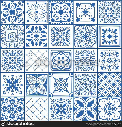 Portugal tile. Spanish square floor and wall covers. Blue and white ornamental arabesque pattern. Geometric antique patchwork flooring samples set. Vector abstract traditional oriental mosaic texture. Portugal tile. Spanish square floor and wall covers. Blue and white ornamental arabesque pattern. Geometric patchwork flooring samples set. Vector abstract traditional mosaic texture
