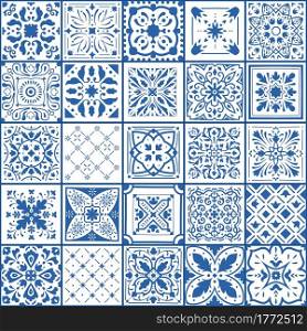 Portugal tile. Spanish square floor and wall covers. Blue and white ornamental arabesque pattern. Geometric antique patchwork flooring samples set. Vector abstract traditional oriental mosaic texture. Portugal tile. Spanish square floor and wall covers. Blue and white ornamental arabesque pattern. Geometric patchwork flooring samples set. Vector abstract traditional mosaic texture