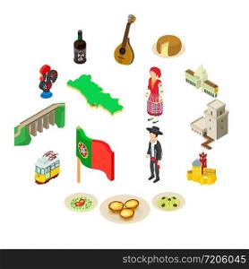 Portugal travel icons set. Isometric illustration of 16 Portugal travel vector icons for web. Portugal travel icons set, isometric style