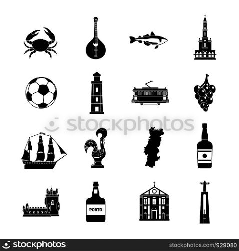 Portugal travel icons set. Simple illustration of 16 Portugal travel vector icons for web. Portugal travel icons set, simple style