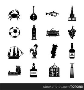 Portugal travel icons set. Simple illustration of 16 Portugal travel vector icons for web. Portugal travel icons set, simple style
