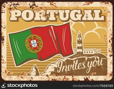 Portugal travel, Portuguese flag metal plate rusty, vector retro poster. Welcome, Portugal invites you, city landmarks and famous tourism destination place in Lisbon and Porto sea coast. Portugal travel, Portuguese flag metal plate rusty