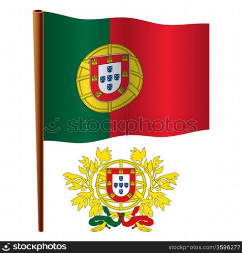 portugal wavy flag and coat of arm against white background, vector art illustration, image contains transparency