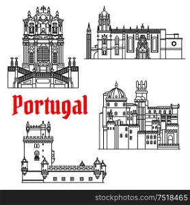 Portugese travel sights icon with Clerigos Church, Tower of St Vincent or Belem Tower, Pena Palace and Hieronymites Monastery. Cultural tourism or travel design. Thin line style. Historical travel sights of Portugal linear icon