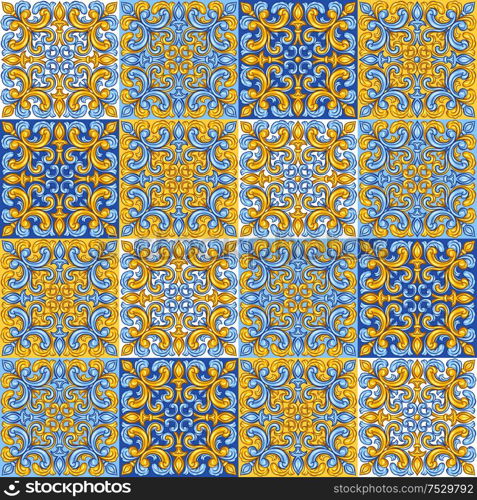 Portuguese azulejo ceramic tile pattern. Mediterranean traditional ornament. Italian pottery or spanish majolica. Baroque damask background with vintage scroll leaves.. Portuguese azulejo ceramic tile pattern.