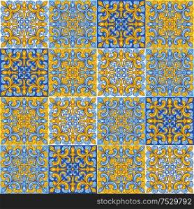 Portuguese azulejo ceramic tile pattern. Mediterranean traditional ornament. Italian pottery or spanish majolica. Baroque damask background with vintage scroll leaves.. Portuguese azulejo ceramic tile pattern.