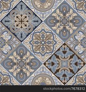 Portuguese azulejo ceramic tile seamless pattern. Mediterranean traditional ornament. Italian pottery or spanish majolica. Baroque damask background with vintage scroll leaves.. Portuguese azulejo ceramic tile seamless pattern. Mediterranean traditional ornament.