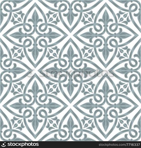 Portuguese azulejo ceramic tile seamless pattern. Mediterranean traditional ornament. Italian pottery or spanish majolica. Baroque damask background with vintage scroll leaves.. Portuguese azulejo ceramic tile seamless pattern. Mediterranean traditional ornament. Italian pottery or spanish majolica.