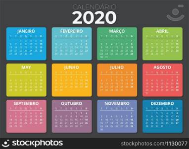 Portuguese calendar 2020 colored. Horizontal calendar from Monday to Sunday