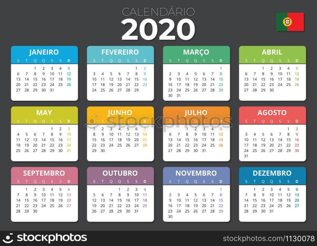 Portuguese calendar 2020 Portuguese flag. Horizontal calendar
