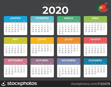 Portuguese calendar 2020 Portuguese flag. Horizontal calendar