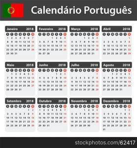 Portuguese Calendar for 2018. Scheduler, agenda or diary template. Week starts on Monday