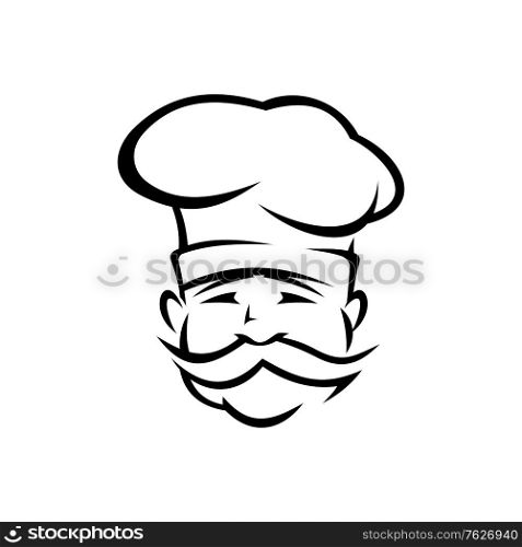Portuguese chef outline vector illustration. European traditional cuisine cook contour character isolated on white background. Chef with mustache and hat. Restaurant, bakery logo idea. Portuguese chef outline vector illustration