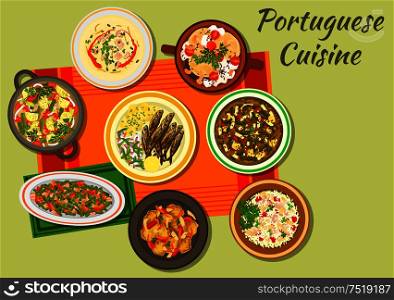 Portuguese cuisine cabbage and sausage soup caldo verde icon with fried sardine, bean stew, fish paella, baked eggplant with mushrooms, fish stew, pork with vegetables, cabbage soup with chorizzo. Portuguese cuisine icon for food design