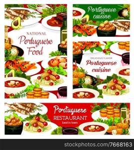 Portuguese cuisine dishes pasteh cakes, cod soup, pasteigi, fish croquettes, and jinia cherry liquor. Sardines, piri riri chicken and stewed chicken in wine with beef stew portugal food posters set. Portuguese cuisine dishes portugal food posters