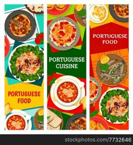 Portuguese cuisine meals, restaurant dishes banners. Octopus salad, custard tarts and grilled sardines, chicken with Piri Piri sauce, fried rabbit and cream from heaven dessert, salted cod vector. Portuguese food dishes, cuisine meal vector banner