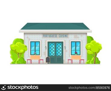 Portuguese cuisine restaurant building icon. Vector cafe or street food house exterior facade with Azulejo tiles, windows and front door, terrace tables, chairs and menu stand, flowers and trees. Portuguese cuisine restaurant building icon