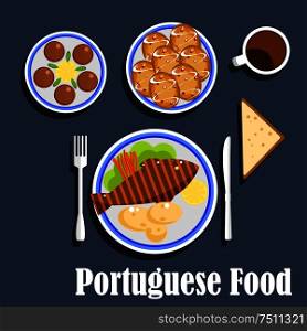 Portuguese national cuisine flat icons of cod fish served with boiled potatoes, lemon, carrot sticks on lettuce leaf, salted codfish fritters, egg custard tarts and cup of coffee. Portuguese national cuisine food and desserts