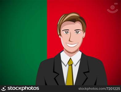 Portuguese people, ahead of the flag. Portrait of manager in flat design. Vector cartoon