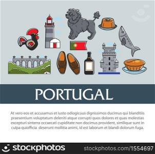 Portuguese symbols travel to Portugal architecture and cuisine animal and footwear vector Portuguese Water Dog and fish pastry and Madeira wine brick bridge clay rooster with ornament lighthouse.. Travel to Portugal Portuguese symbols banner traveling and tourism
