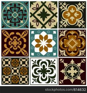 Portuguese tiling vector patterns. Old mediterranean tile prints. Ceramic square arabesque pattern color, mediterranean vintage decor and patchwork illustration. Portuguese tiling vector patterns. Old mediterranean tile prints