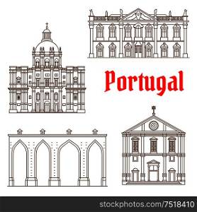 Portuguese tourist attractions of Lisbon thin line symbol with historic Aqueduct of the Free Waters, Church of Saint Roch, rococo Palace of Queluz and Church of Santa Engracia. European travel design. Portuguese travel landmarks of Lisbon icons
