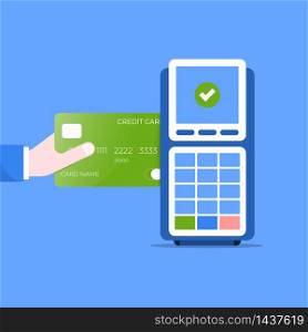 Pos machine payment with credit card. Pay at stores concept. vector illustration