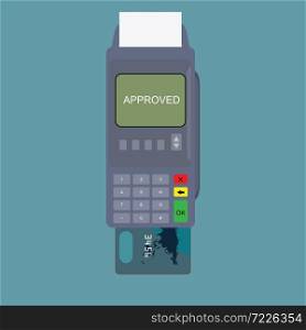 POS terminal and credit card isolated on background. Contactless payment system or technology vector illustration.