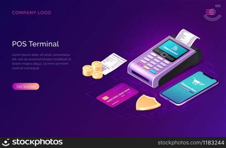 POS terminal business concept vector isometric illustration. Contactless payment security concept, point of sale payment machine, credit card and smartphone next to golden shield and coins, web banner. POS terminal security, isometric business concept