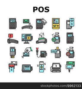 Pos Terminal Device Collection Icons Set Vector. Pos Terminal For Accept Payment By Contact And Contactless Bank Card, Paying Technology Concept Linear Pictograms. Contour Color Illustrations. Pos Terminal Device Collection Icons Set Vector