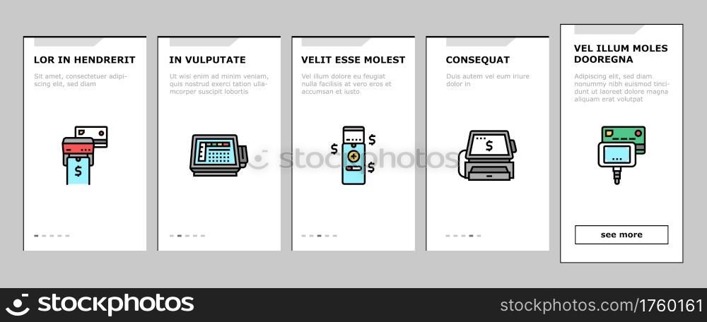 Pos Terminal Device Onboarding Mobile App Page Screen Vector. Pos Terminal For Accept Payment By Contact And Contactless Bank Card, Paying Technology Illustrations. Pos Terminal Device Onboarding Icons Set Vector
