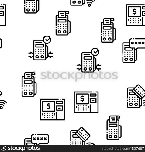 Pos Terminal Device Seamless Pattern Vector Thin Line. Illustrations. Pos Terminal Device Seamless Pattern Vector