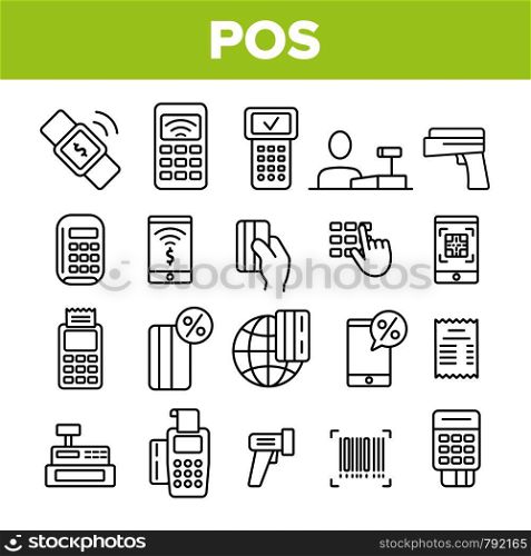 POS Terminal, Mobile Payment Vector Linear Icons Set. POS, Cashless E-Payment Machine Outline Symbols Pack. Financial Transaction, Billing System. Banking And Finance Isolated Contour Illustrations. POS Terminal, Mobile Payment Vector Linear Icons Set