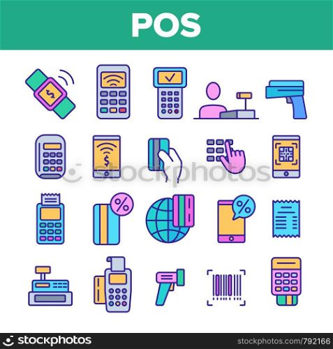 POS Terminal, Mobile Payment Vector Linear Icons Set. POS, Cashless E-Payment Machine Outline Symbols Pack. Financial Transaction, Billing System. Banking And Finance Isolated Contour Illustrations. POS Terminal, Mobile Payment Vector Linear Icons Set