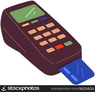 Pos terminal, payment by debit credit card, pin code. NFC technology. Pay for purchases using card at supermarket concept. Device for contactless payment with buttons isolated on white background. Device for contactless payment with buttons. Pos terminal, NFC technology, pay for purchases